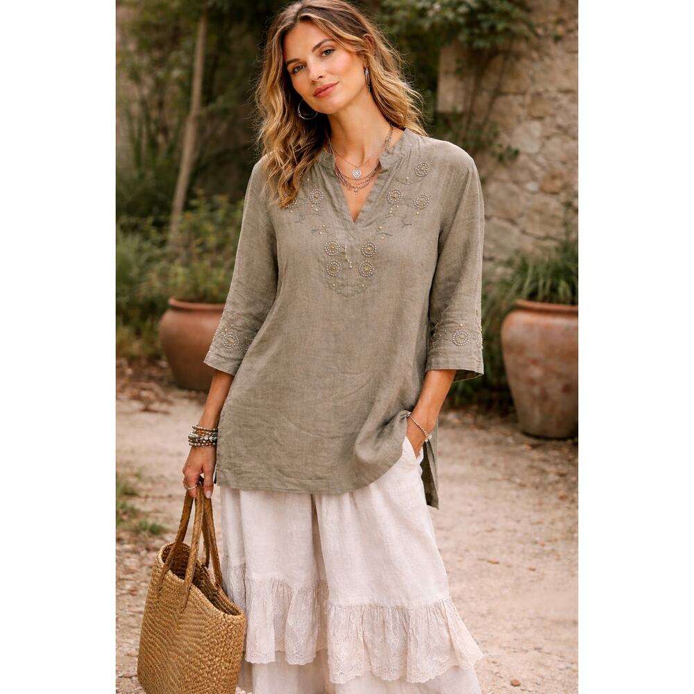 Edward Woman Irish Linen Tunic 1X Green Embroidered Beaded Boho Lagenlook